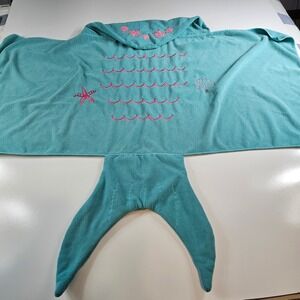 Kids Mermaid Tail Hooded Towel Poncho Teal Stars Seashells Beach Pool Cover Up